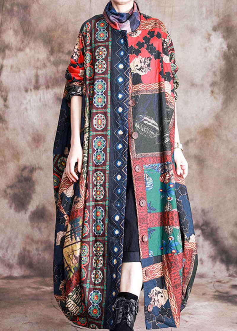Konst Röd Print Button Patchwork Asymmetrisk Design Höstrockar Långärmad - Vinterkappor för kvinnor