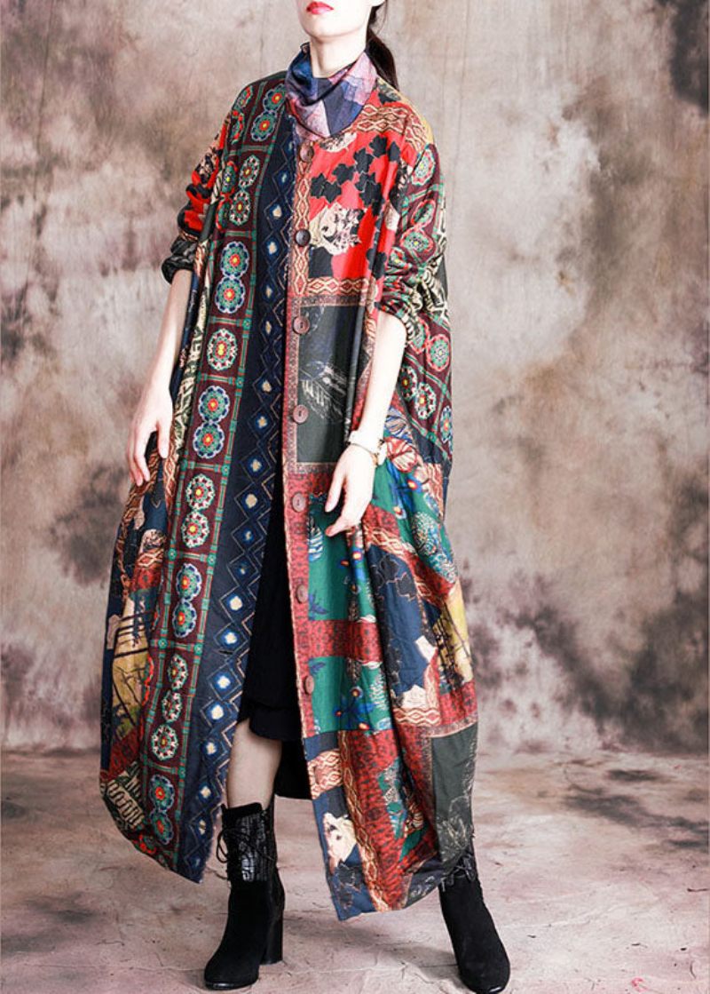 Konst Röd Print Button Patchwork Asymmetrisk Design Höstrockar Långärmad - Vinterkappor för kvinnor