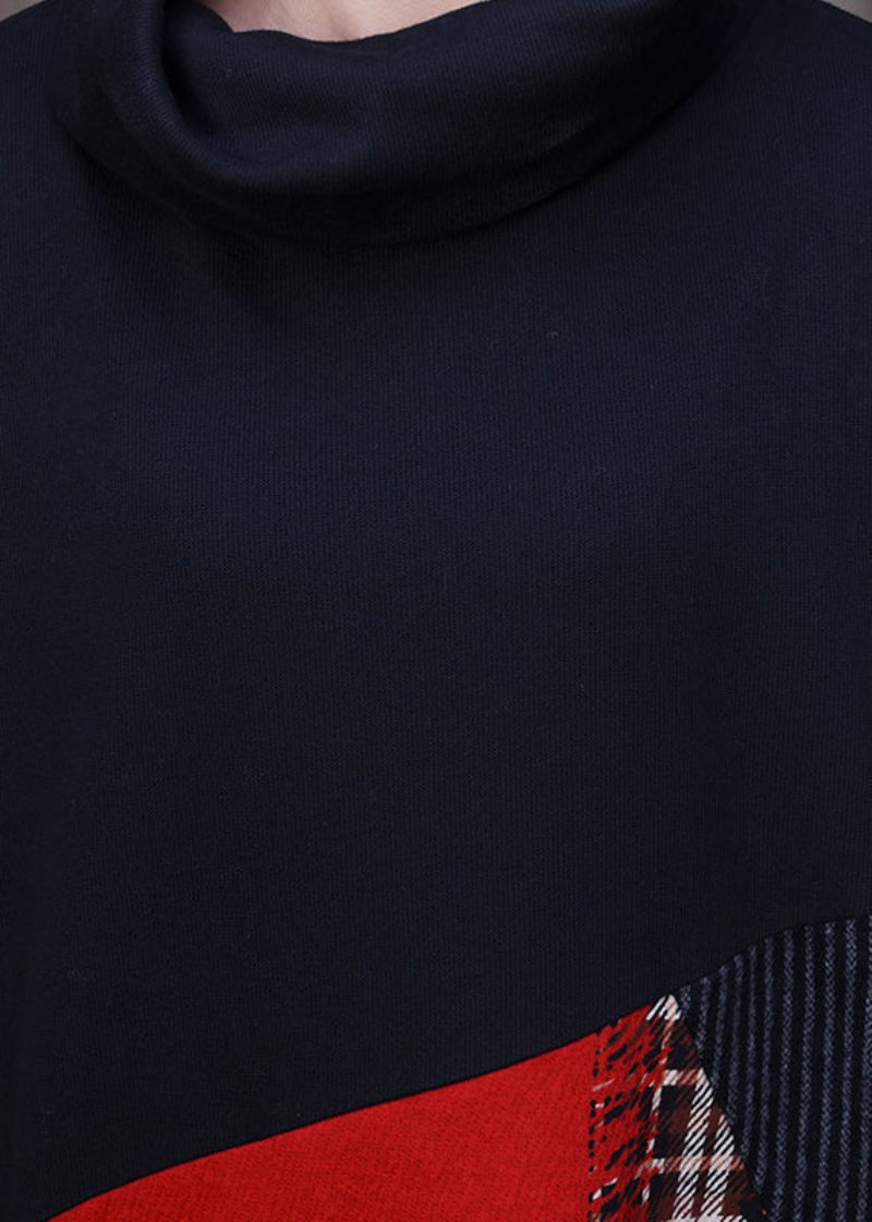 Konst Röd Turtleneck Patchwork Fickor Woolen Maxiklänning Långärmad - Ullrockar för kvinnor