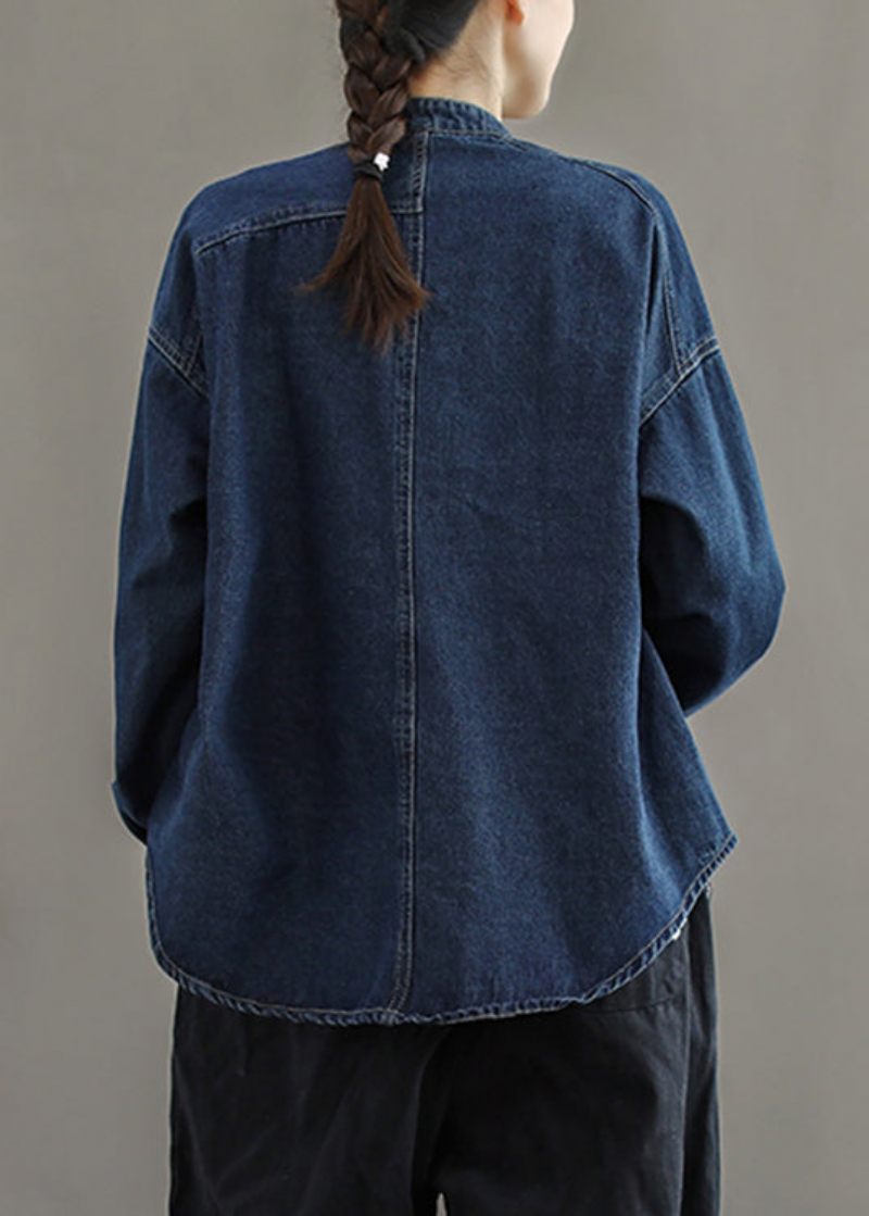 Kort Navy Stand Krage Knappfickor Bomull Denimrockar Långärmad - Vinterkappor för kvinnor