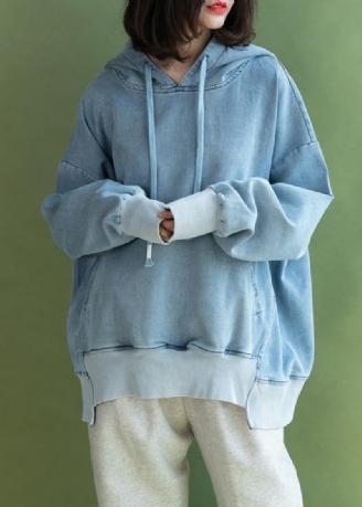 Kvinnor Batwing Sleeve Bomull Huvskjortor Sy Ljusblå Blus