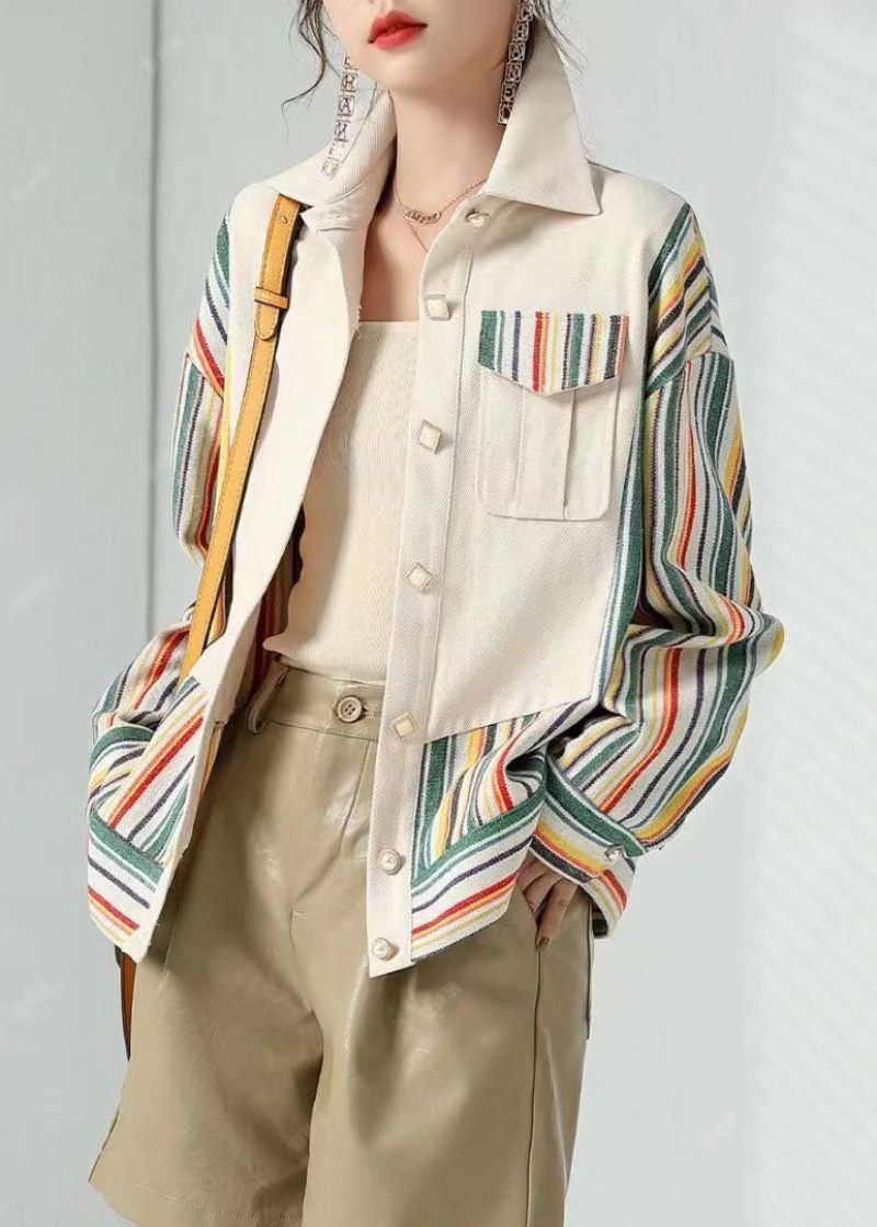 Kvinnor Beige Peter Pan Krage Fickor Randig Patchwork Bomull Coat Fall - Vinterkappor för kvinnor
