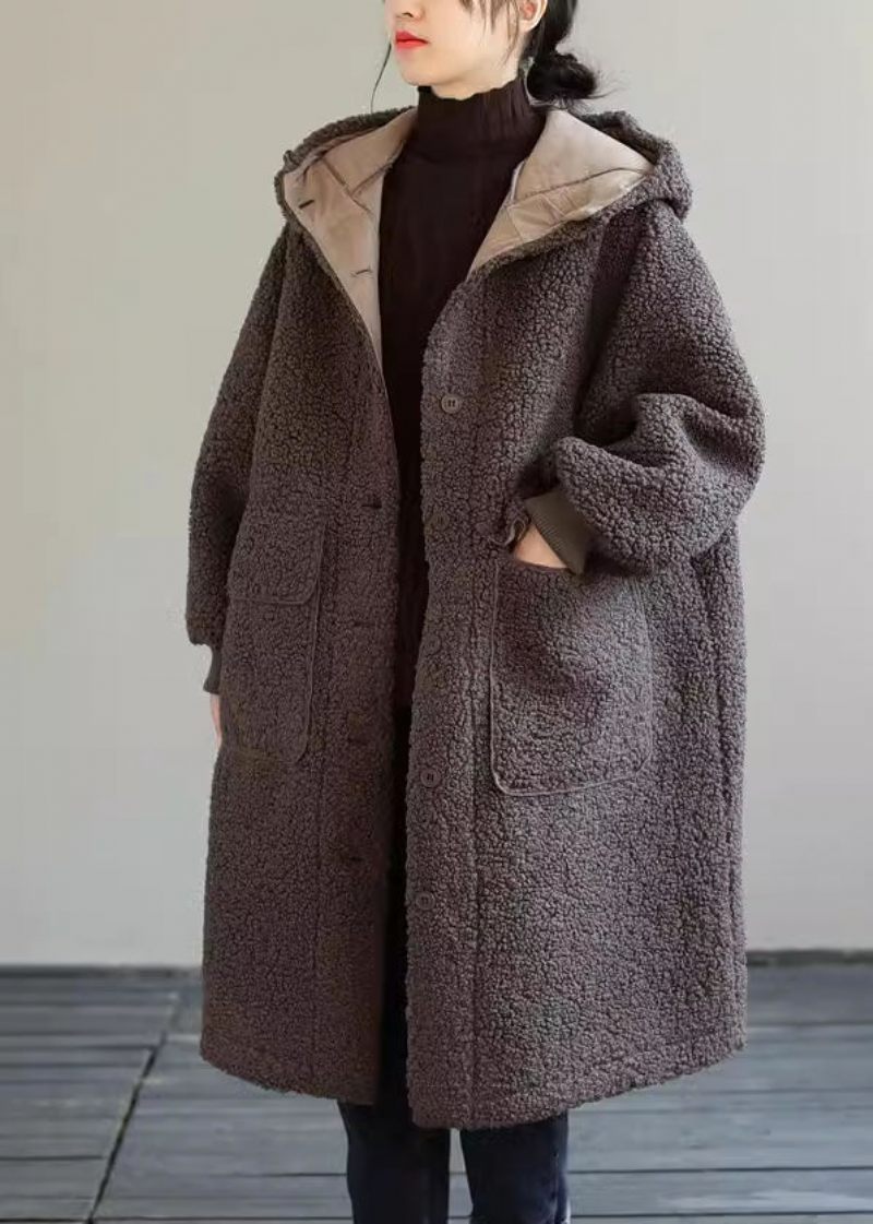 Kvinnor Blå Hooded Button Faux Fur Winter Coat - Vinterkappor för kvinnor