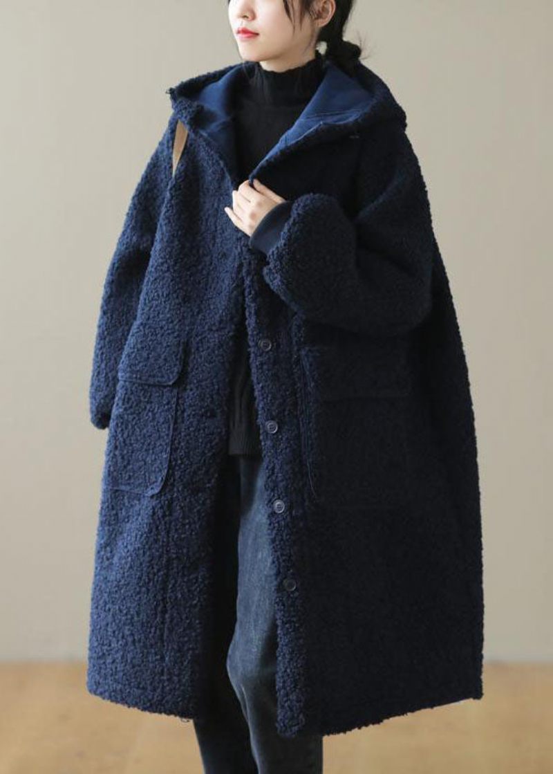 Kvinnor Blå Hooded Button Faux Fur Winter Coat - Vinterkappor för kvinnor