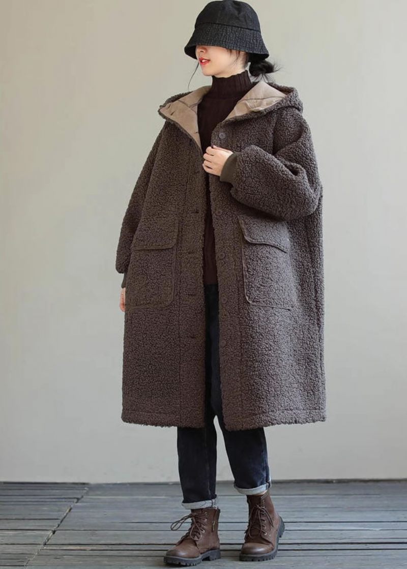 Kvinnor Blå Hooded Button Faux Fur Winter Coat - Vinterkappor för kvinnor