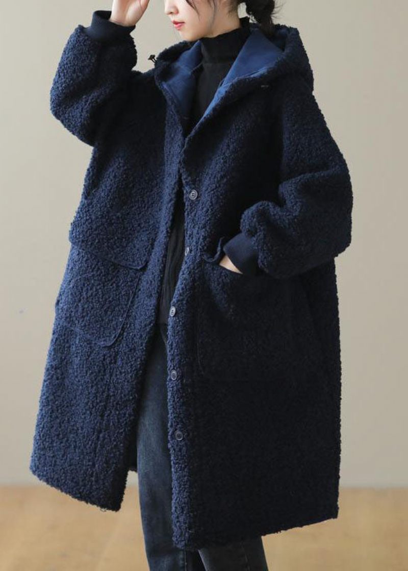 Kvinnor Blå Hooded Button Faux Fur Winter Coat - Vinterkappor för kvinnor