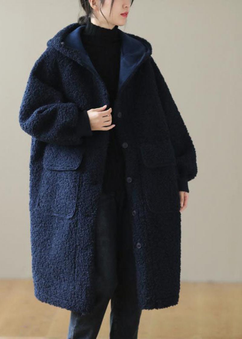 Kvinnor Blå Hooded Button Faux Fur Winter Coat - Vinterkappor för kvinnor