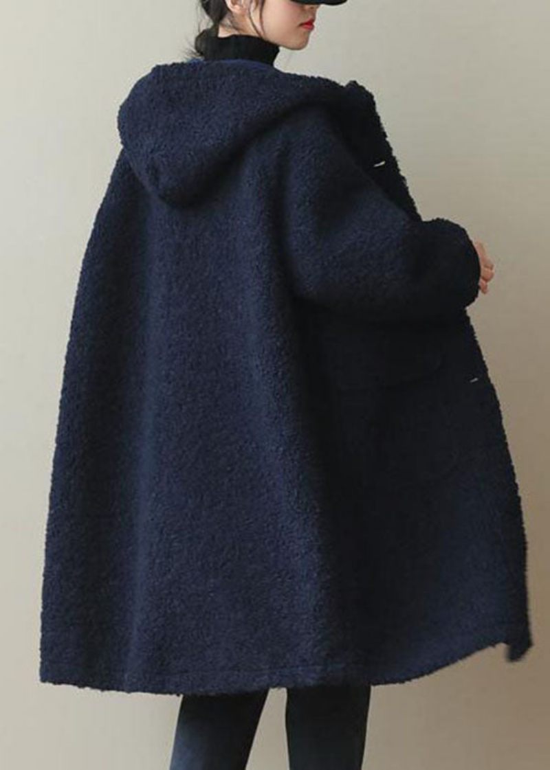 Kvinnor Blå Hooded Button Faux Fur Winter Coat - Vinterkappor för kvinnor