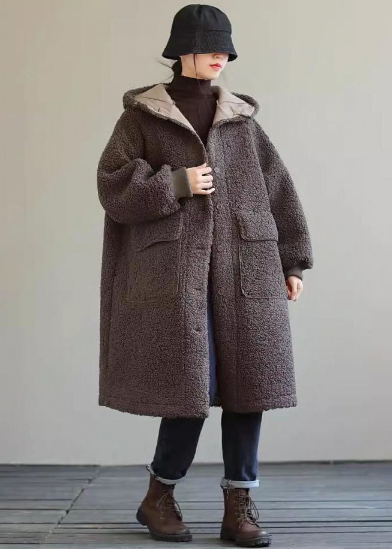 Kvinnor Blå Hooded Button Faux Fur Winter Coat - Vinterkappor för kvinnor