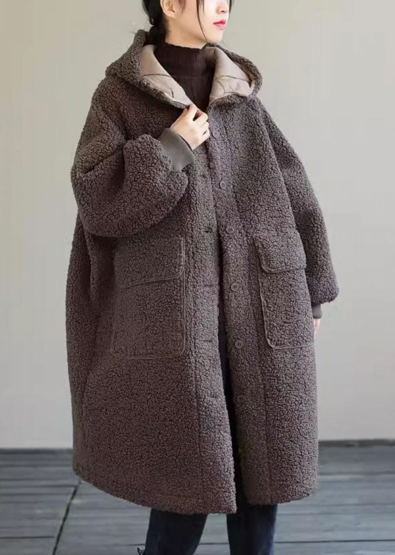 Kvinnor Blå Hooded Button Faux Fur Winter Coat - Vinterkappor för kvinnor