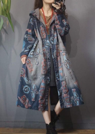 Kvinnor Blått Tryck Knappfickor Bomull Hoodie Denim Trench Coat Långärmad