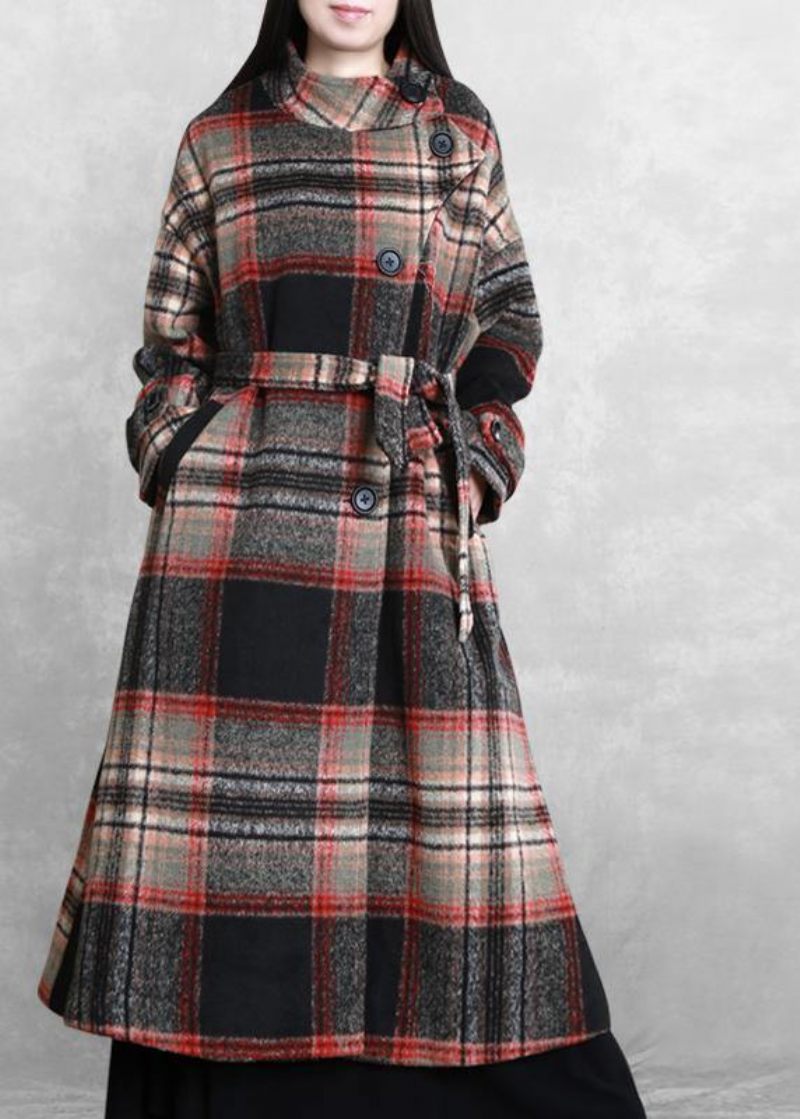 Kvinnor Casual Långa Jackor Rockar Svart Rutig Slips Midja Asymmetrisk Woolen Coat - Trenchcoats för kvinnor