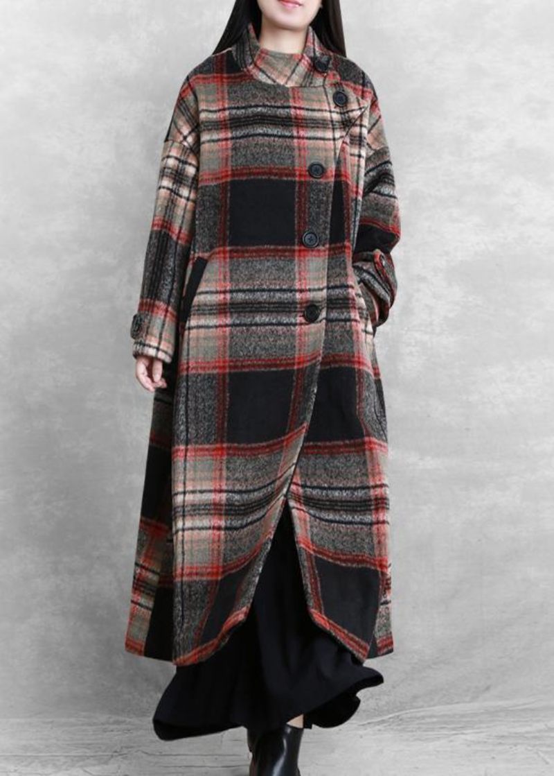 Kvinnor Casual Långa Jackor Rockar Svart Rutig Slips Midja Asymmetrisk Woolen Coat - Trenchcoats för kvinnor