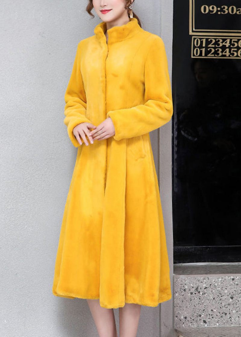 Kvinnor Gul Stativ Krage Silm Fit Faux Fur Trench Winter - Vinterkappor för kvinnor