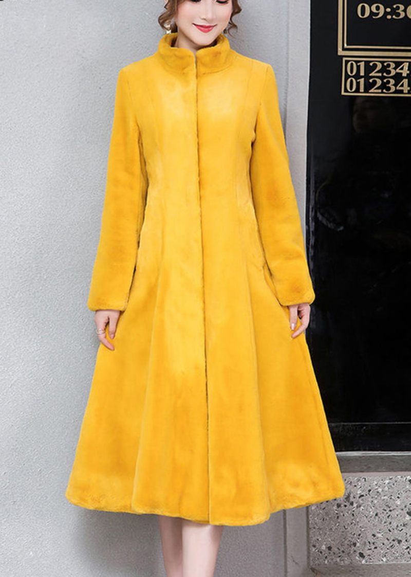 Kvinnor Gul Stativ Krage Silm Fit Faux Fur Trench Winter - Vinterkappor för kvinnor