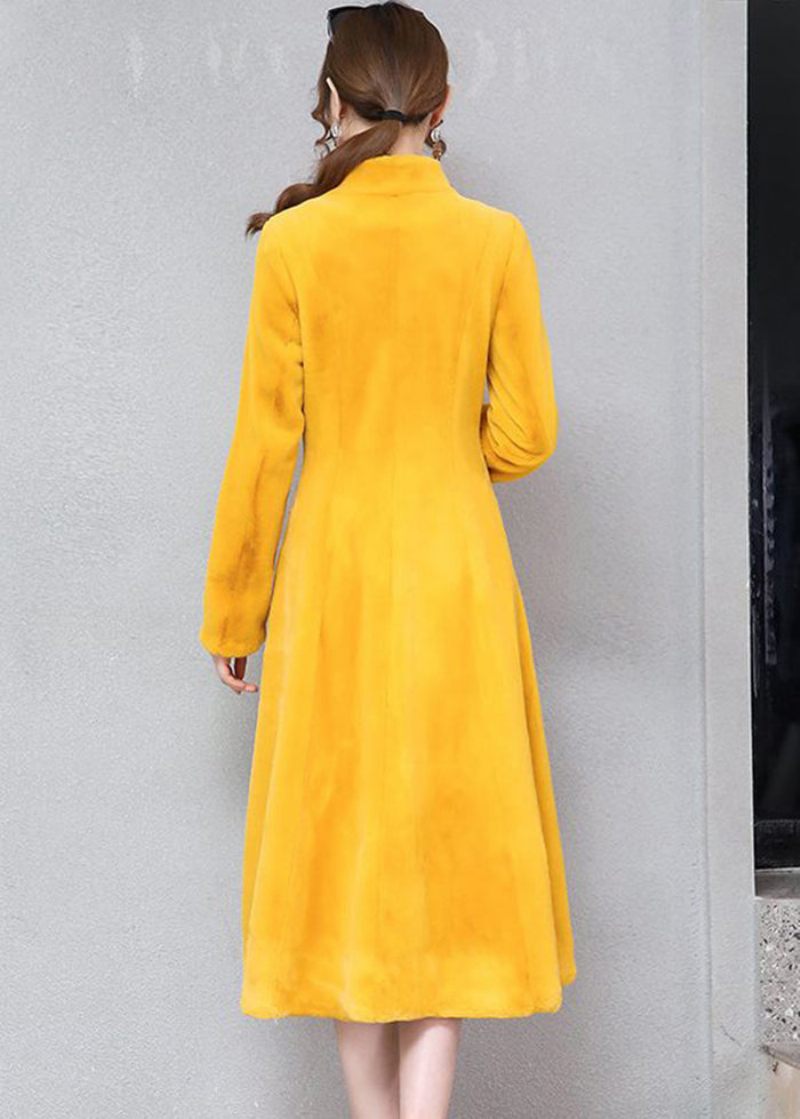 Kvinnor Gul Stativ Krage Silm Fit Faux Fur Trench Winter - Vinterkappor för kvinnor
