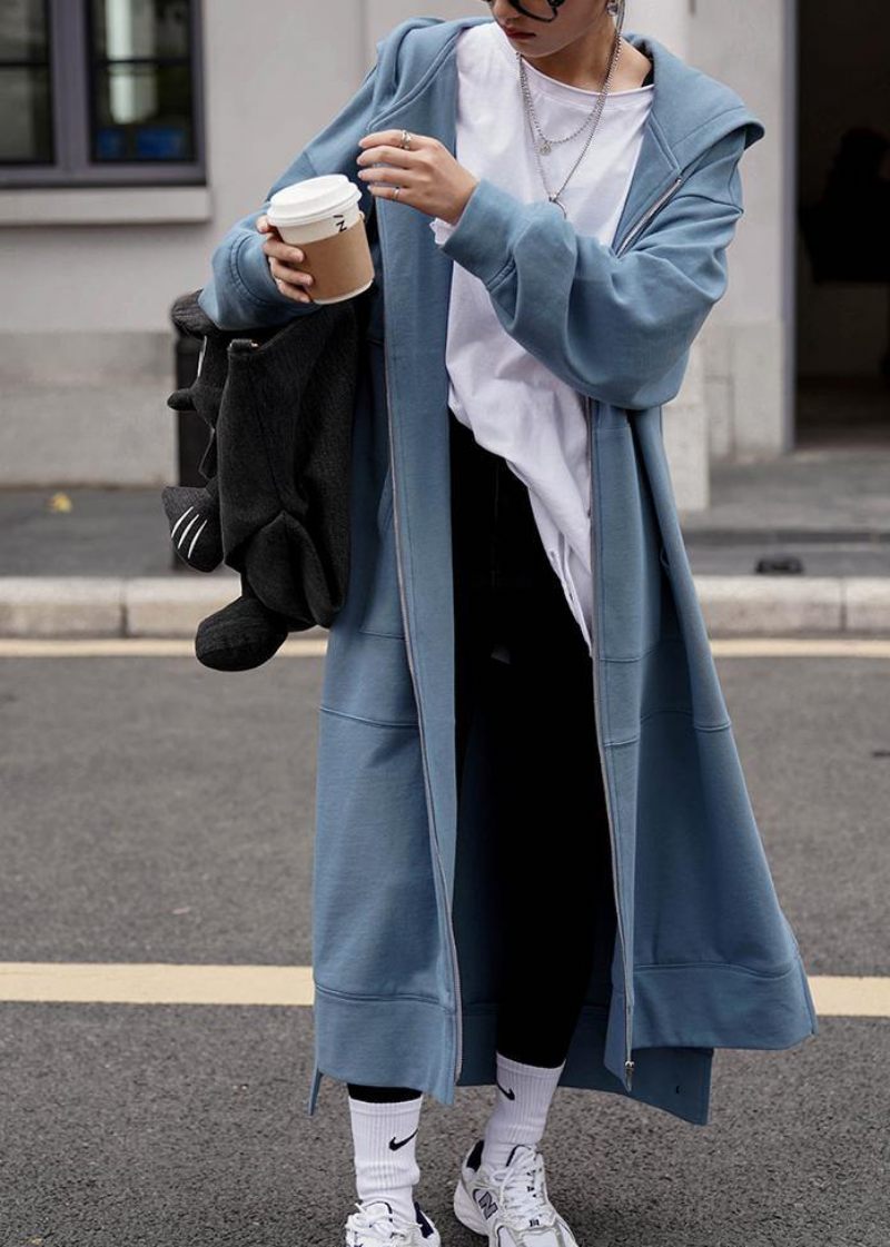 Kvinnor Huva Sida Öppen Fashion Coats Blå Dagliga Kappor
