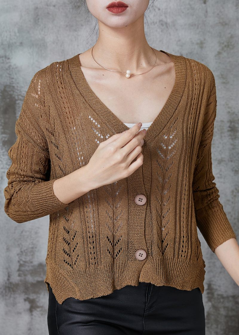 Kvinnor Kaffe V-hals Hollow Out Stickade Cardigans Spring