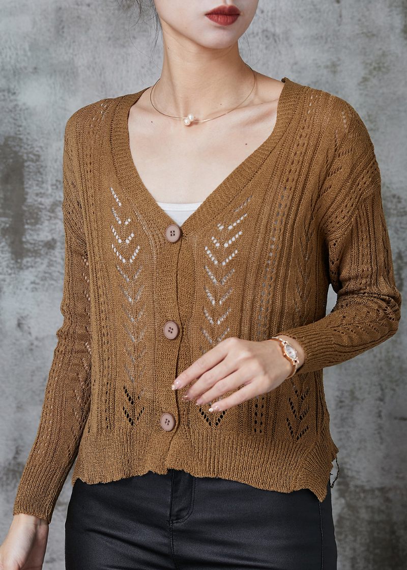 Kvinnor Kaffe V-hals Hollow Out Stickade Cardigans Spring - Koftor för kvinnor