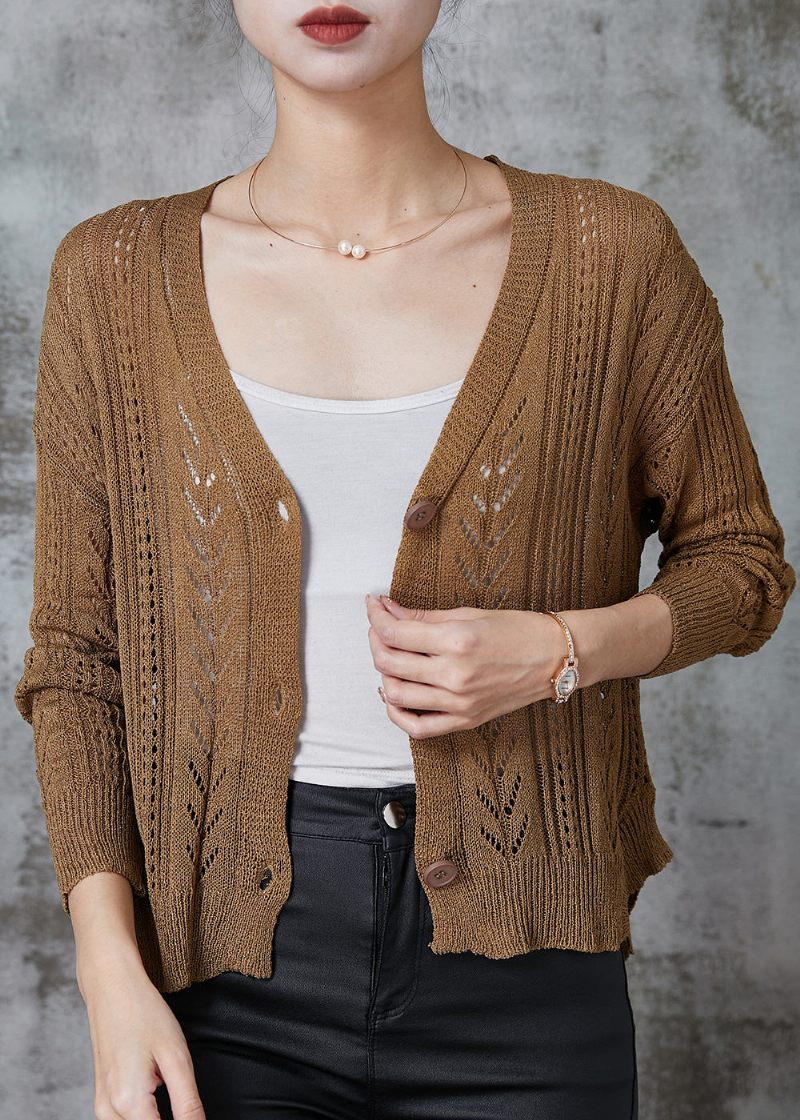 Kvinnor Kaffe V-hals Hollow Out Stickade Cardigans Spring - Koftor för kvinnor