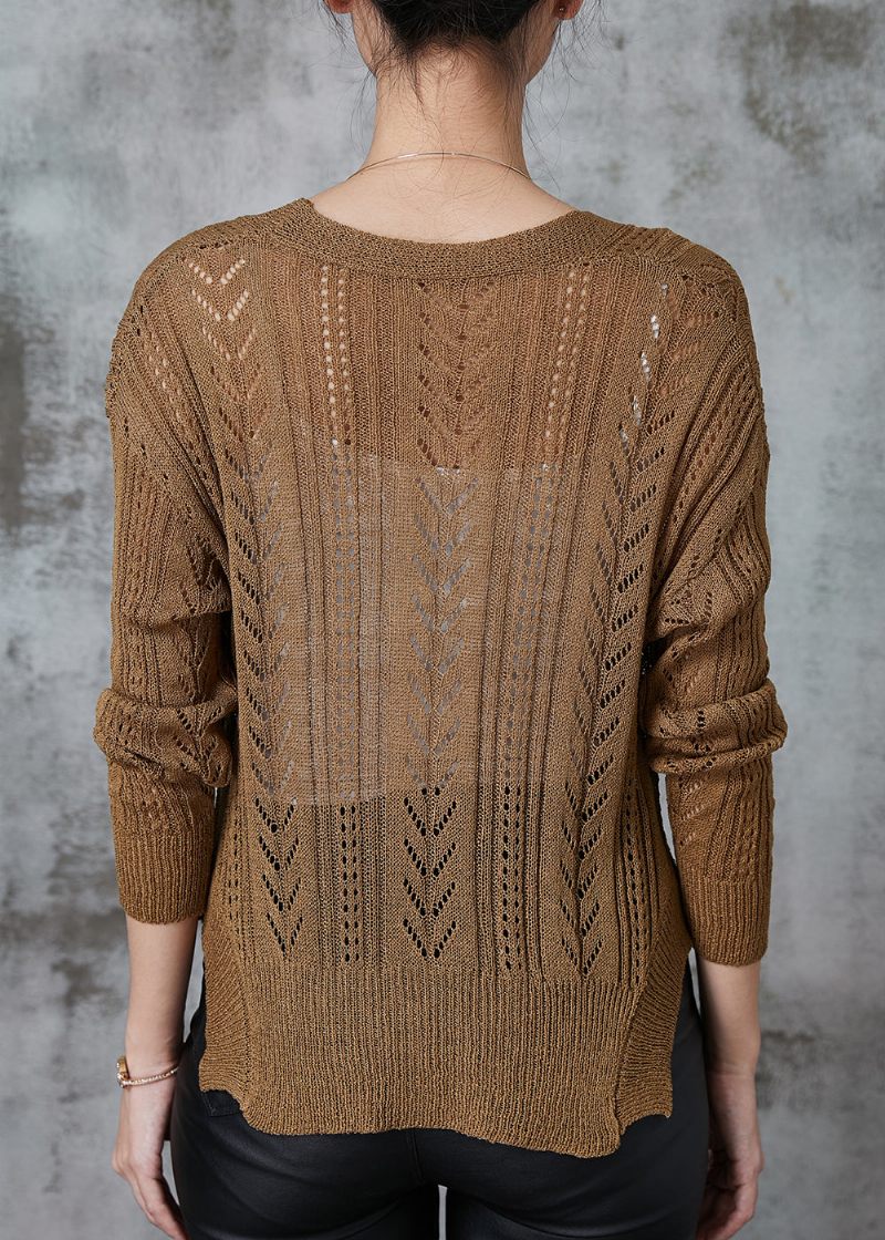 Kvinnor Kaffe V-hals Hollow Out Stickade Cardigans Spring - Koftor för kvinnor