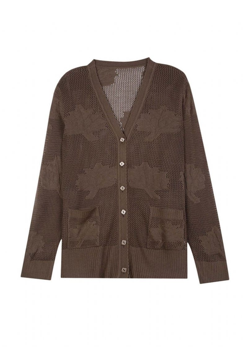 Kvinnor Khaki Hollow Out Broderat Patchwork Tunn Stickad Cardigan Fall - Koftor för kvinnor
