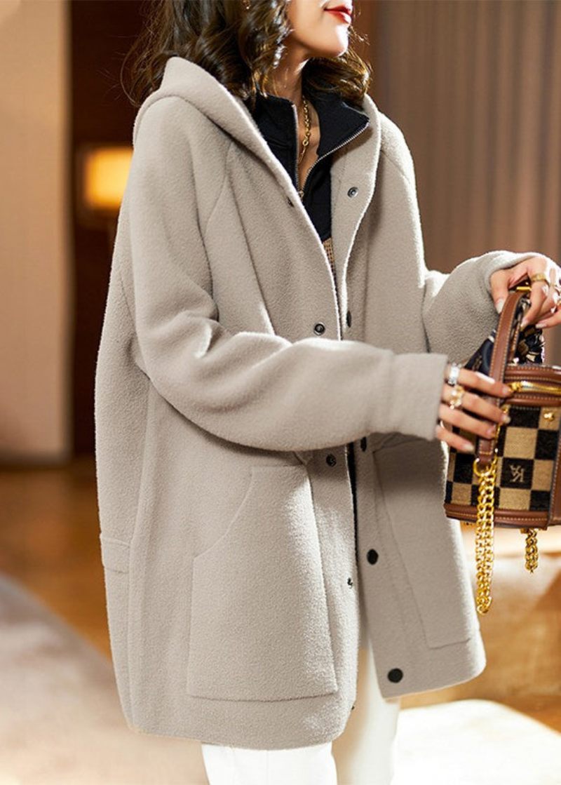 Kvinnor Khaki Hooded Fickor Patchwork Teddy Faux Fur Coat Höst - Vinterkappor för kvinnor