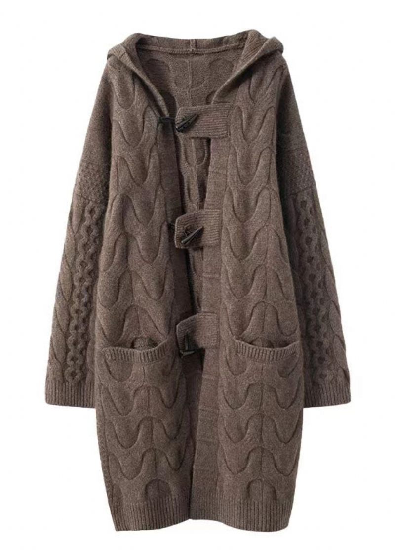 Kvinnor Khaki Hooded Oversized Cashmere Långa Cardigans Vinter - Koftor för kvinnor