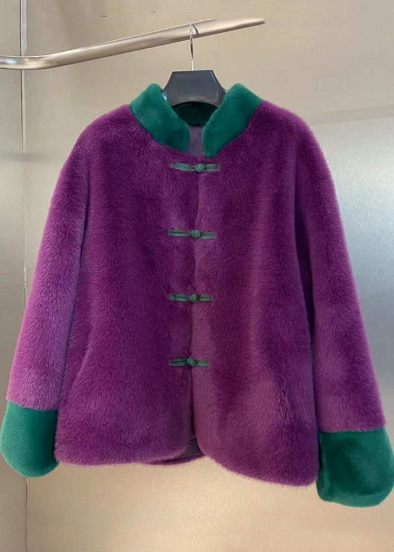 Kvinnor Lila Stativ Krage Patchwork Orientalisk Knapp Mink Sammetsrockar Vinter
