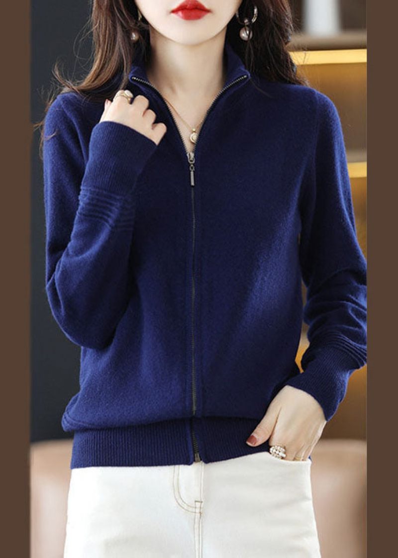 Kvinnor Navy Stand Krage Zip Up Tjock Ull Stickad Cardigan Spring - Koftor för kvinnor