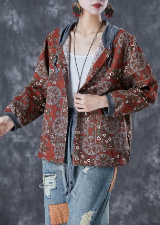 Kvinnor Orange Röd Hooded Print Bomullsjacka Fall