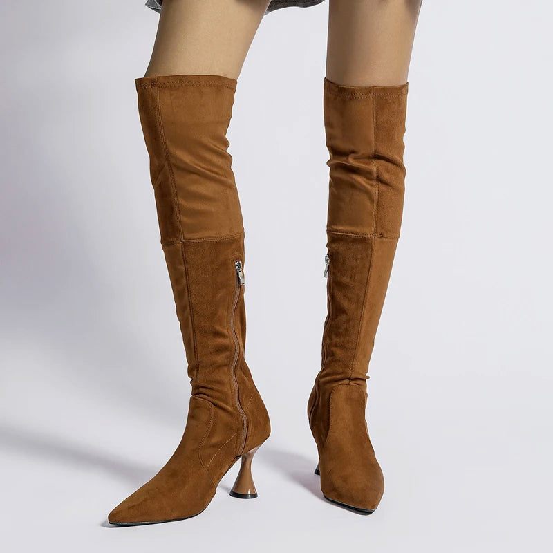Kvinnor Over The Knee Boots Vinter Mocka Spetsad Tå Elastiska Slim High Heel - Brun