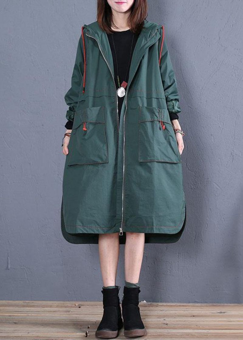 Kvinnor Oversized Maxi Kappa Höst Grön Sida Öppen Huva Kappor - Trenchcoats för kvinnor