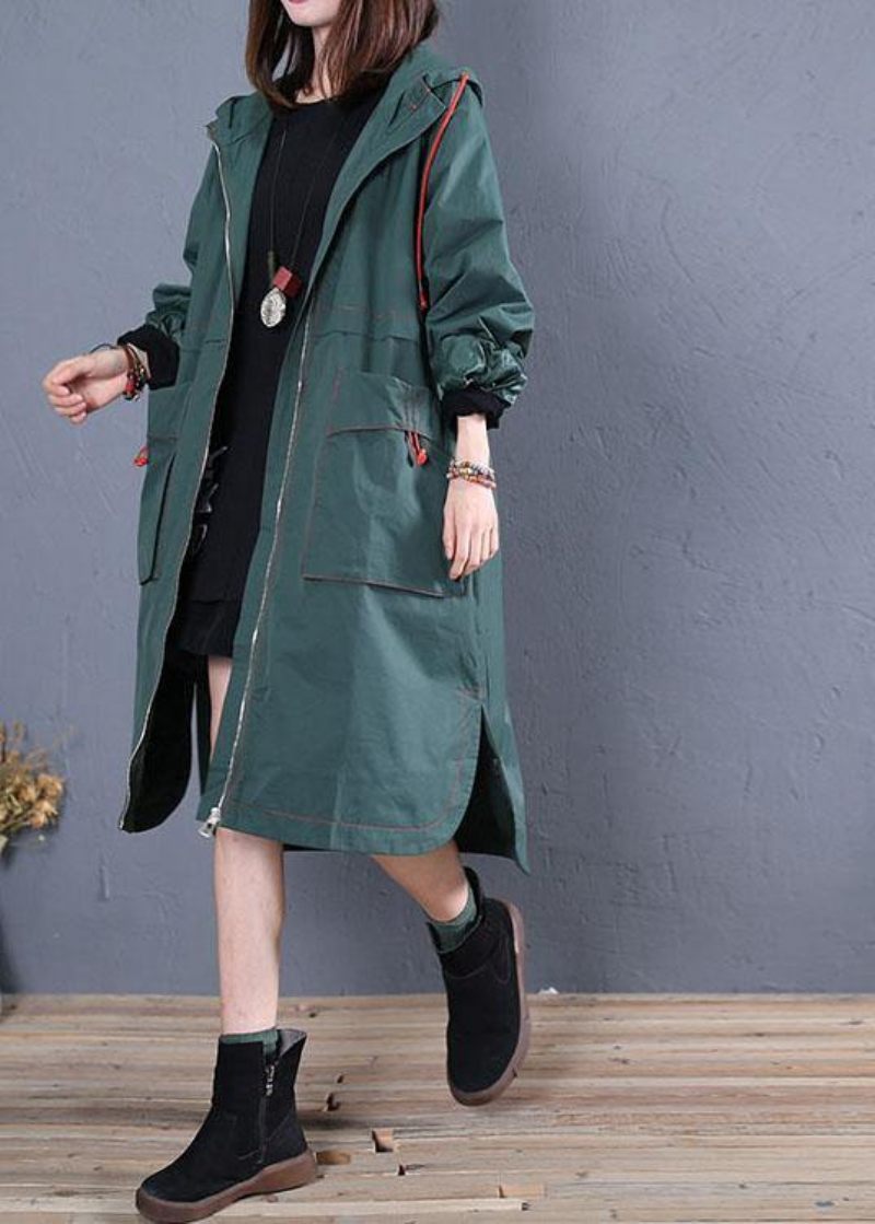 Kvinnor Oversized Maxi Kappa Höst Grön Sida Öppen Huva Kappor - Trenchcoats för kvinnor