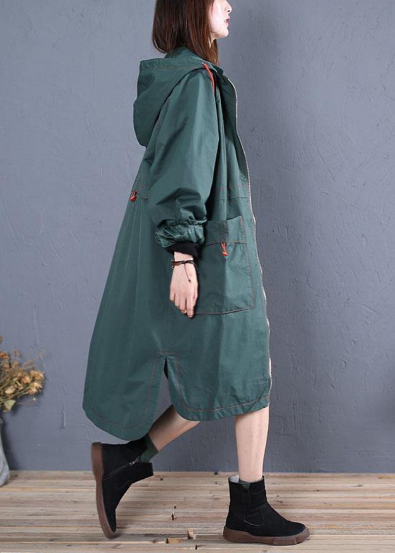 Kvinnor Oversized Maxi Kappa Höst Grön Sida Öppen Huva Kappor - Trenchcoats för kvinnor