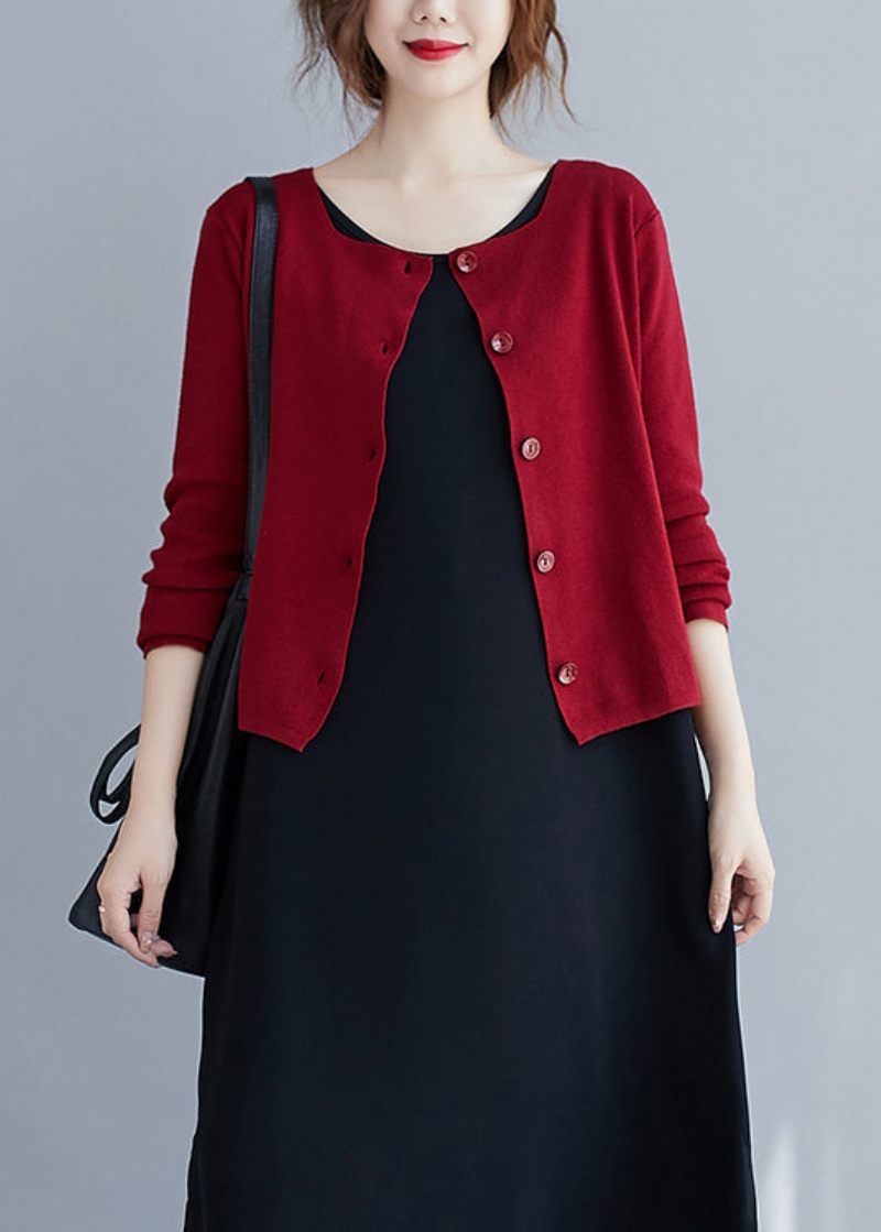 Kvinnor Röd O-halsknapp Patchwork Stickning Bomull Cardigan Fall - Koftor för kvinnor
