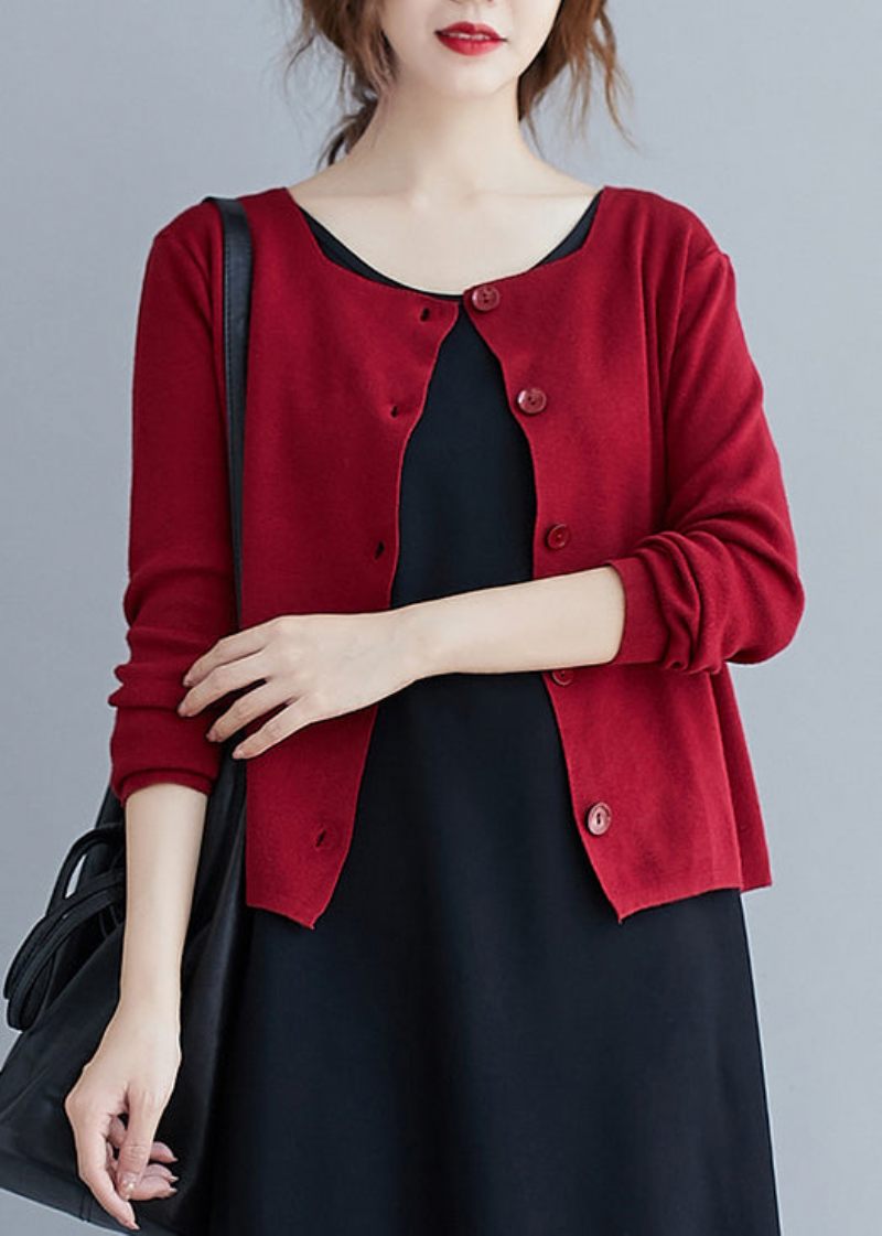Kvinnor Röd O-halsknapp Patchwork Stickning Bomull Cardigan Fall - Koftor för kvinnor