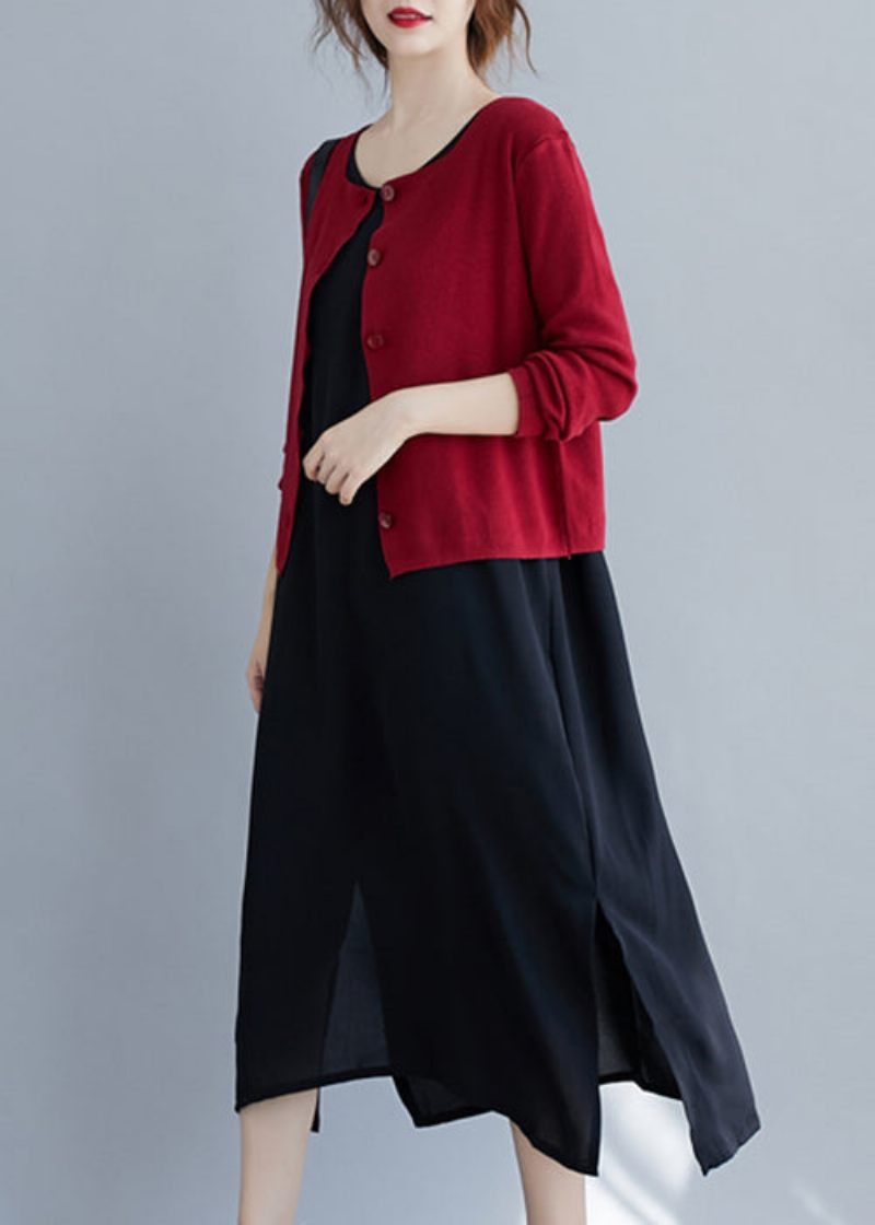 Kvinnor Röd O-halsknapp Patchwork Stickning Bomull Cardigan Fall - Koftor för kvinnor