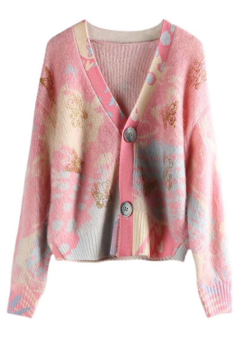Kvinnor Rosa V-ringad Knapp Patchwork Bomull Stickade Kappor Långärmad - Koftor för kvinnor