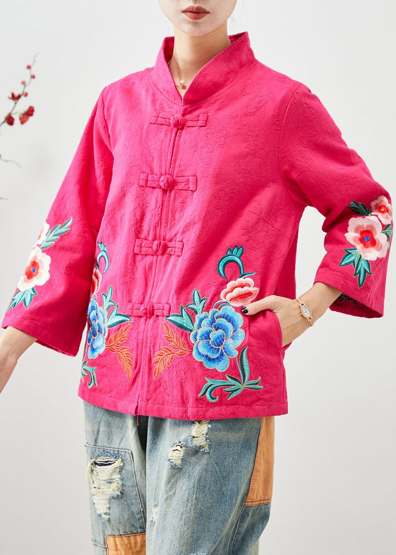 Kvinnor Rose Broderade Jacquard Kinesiska Knapp Bomull Jackor Fall - Vinterkappor för kvinnor