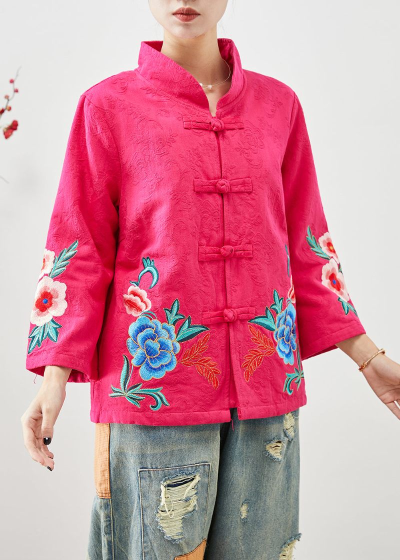 Kvinnor Rose Broderade Jacquard Kinesiska Knapp Bomull Jackor Fall - Vinterkappor för kvinnor