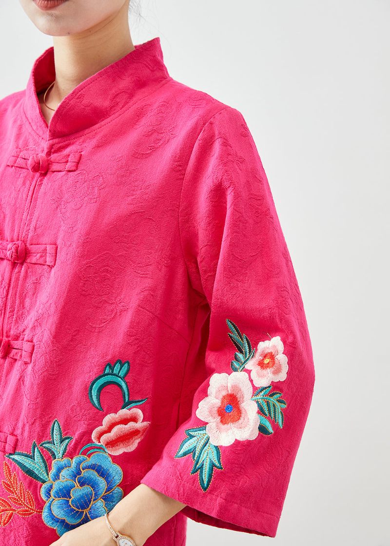 Kvinnor Rose Broderade Jacquard Kinesiska Knapp Bomull Jackor Fall - Vinterkappor för kvinnor