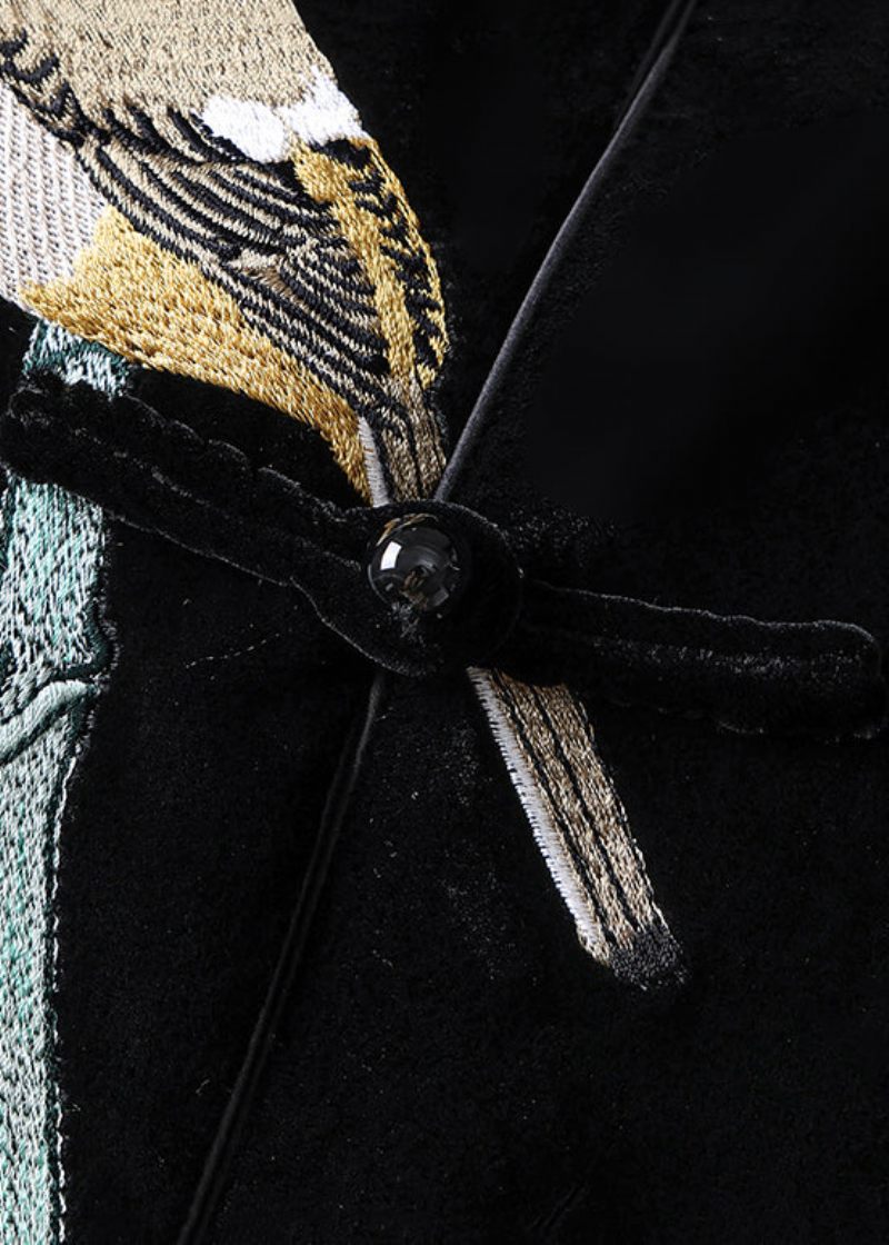 Kvinnor Svart Broderad Knapp Patchwork Siden Velour Väst Ärmlös - Vinterkappor för kvinnor