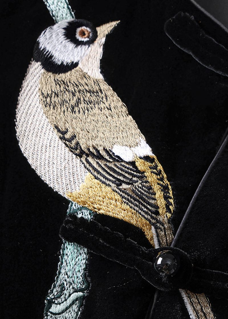 Kvinnor Svart Broderad Knapp Patchwork Siden Velour Väst Ärmlös - Vinterkappor för kvinnor