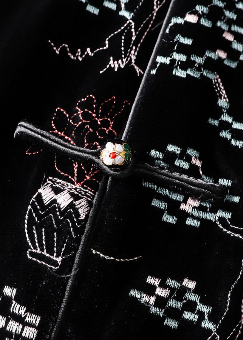 Kvinnor Svart Broderad Knapp Patchwork Siden Velour Väst Höst - Vinterkappor för kvinnor