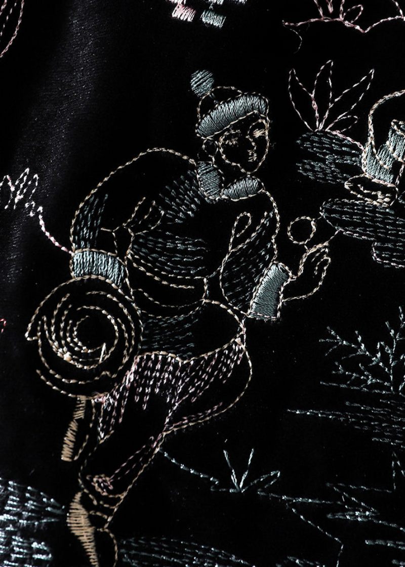 Kvinnor Svart Broderad Knapp Patchwork Siden Velour Väst Höst - Vinterkappor för kvinnor