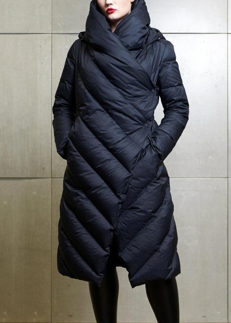 Kvinnor Svart Button Patchwork Duck Down Coat Vinter