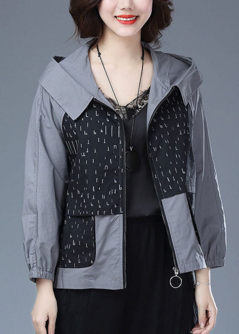 Kvinnor Svart Hooded Print Fickor Patchwork Bomull Toppar Kappor Höst - Vinterkappor för kvinnor