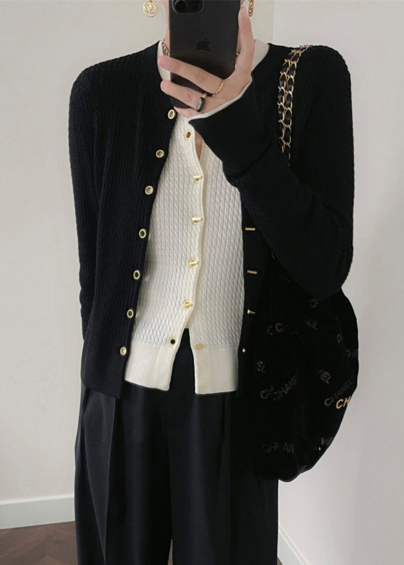 Kvinnor Svart O Neck Button Patchwork Stickad Cardigan Fall - Koftor för kvinnor
