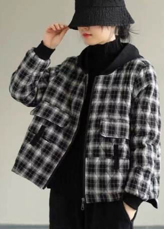 Kvinnor Svart Rutig Hooded Fin Bomullsfylld Puffers Jackor Winter